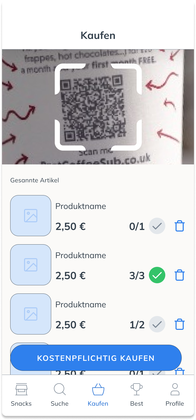 Kaufen: Übersicht ausgewählter Produkte vor dem Bezahlen