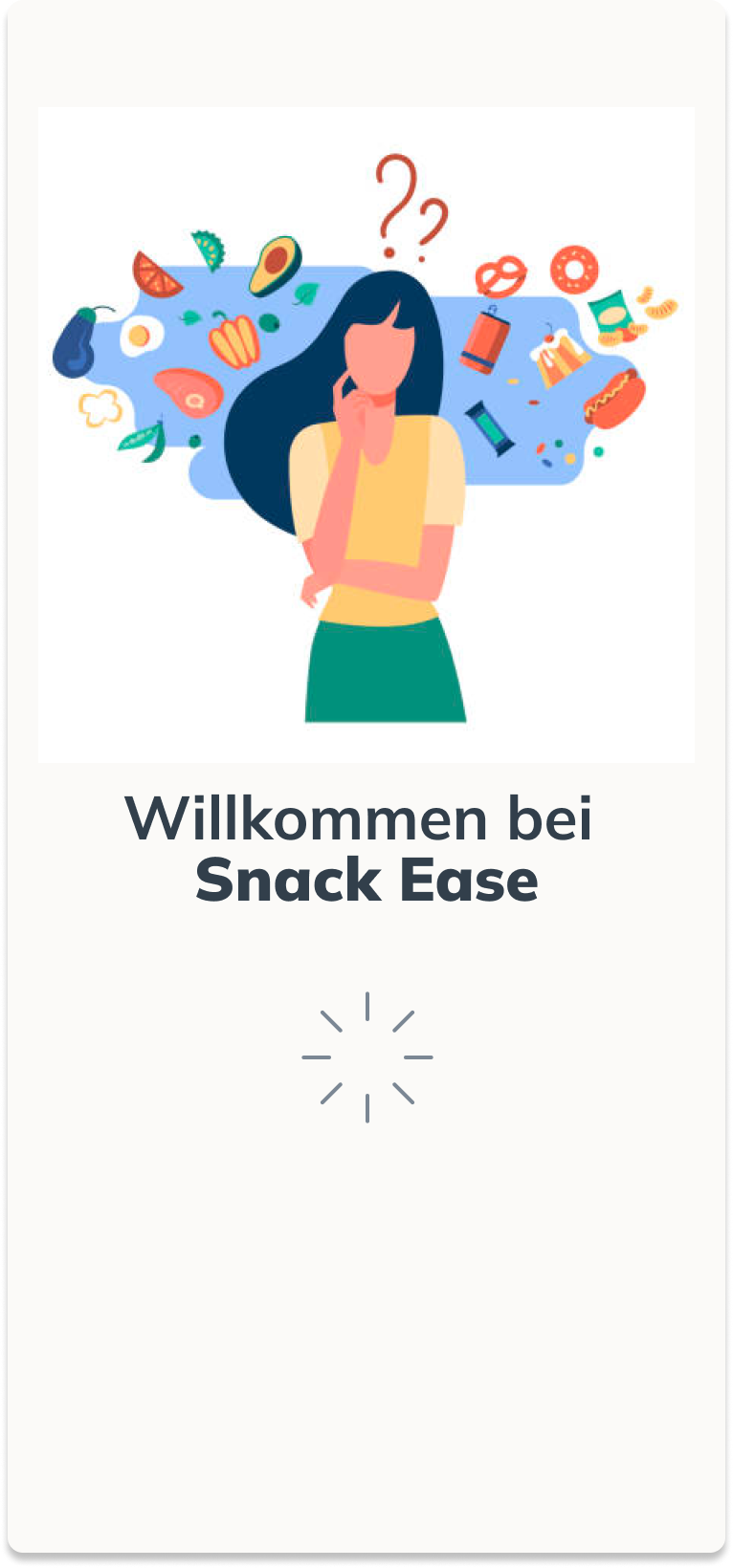 Splashscreen: "Willkommen bei Snack Ease" mit illustriertem Food-Character