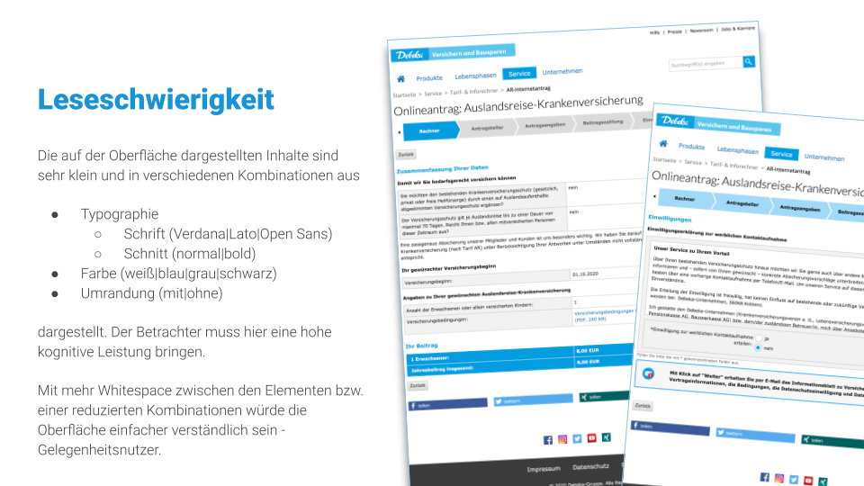 Leseschwierigkeit: Analyse der typografischen und farblichen Inkonsistenzen im Formular mit konkretem Redesign-Konzept